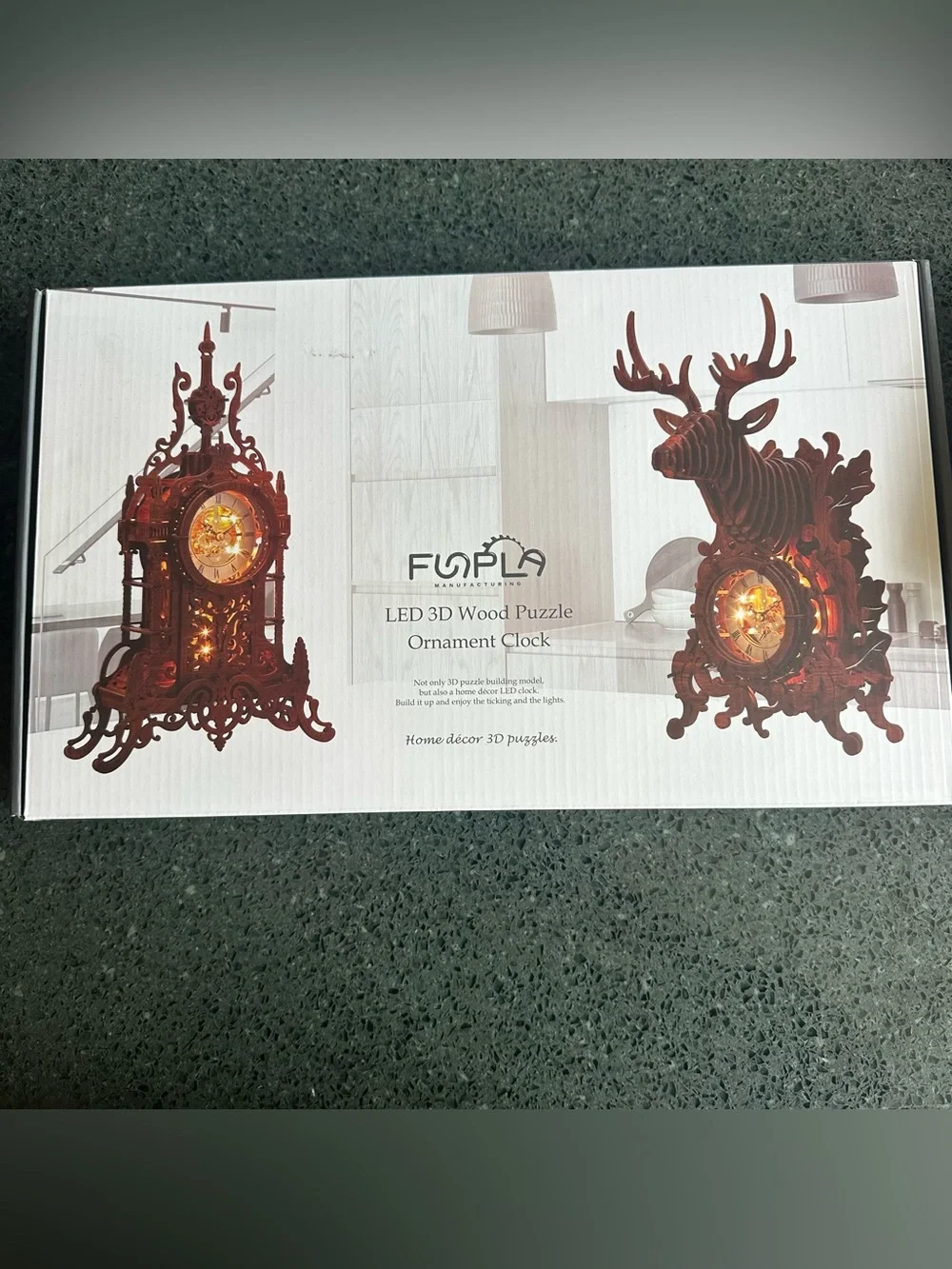 Funpola Led 3D Wood Puzzle Deer Elk Clock Building Model NEW Home Decor Clock